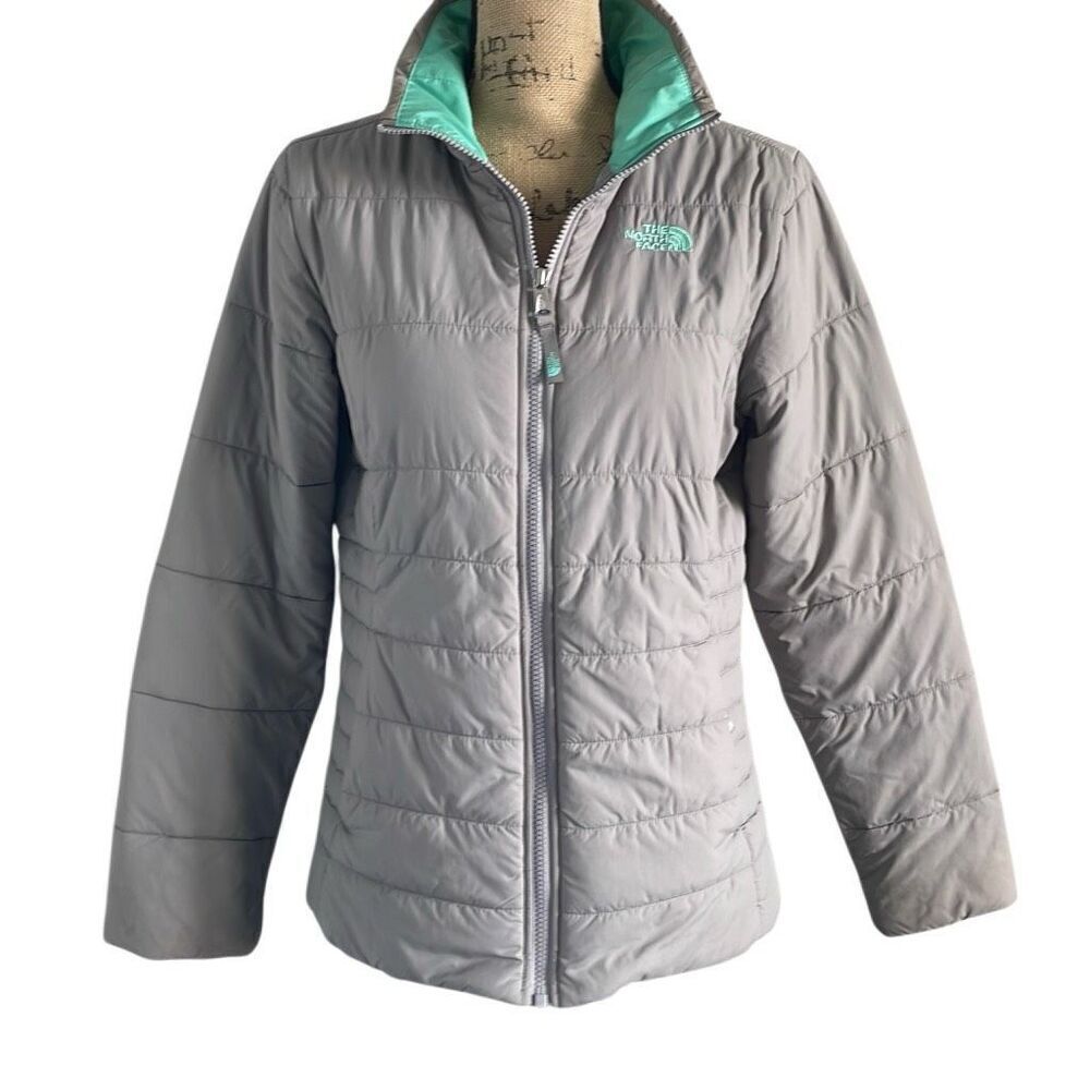 EUC! The North Face Gray Teal Mock Turtle Zip Up Puffer Jacket - Girls XL/Women’